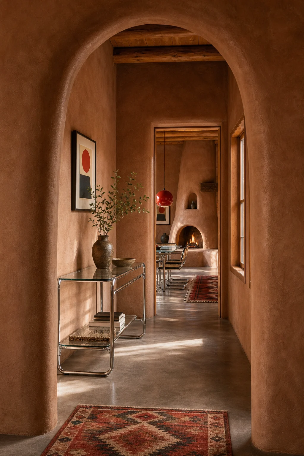 View through an arched adobe doorway looking at a sleek glass and steel console table in a hallway.