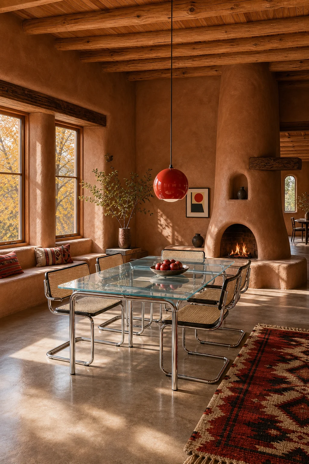 Wide, balanced view of the dining room showing the kiva fireplace, glass table, and red pendant light.