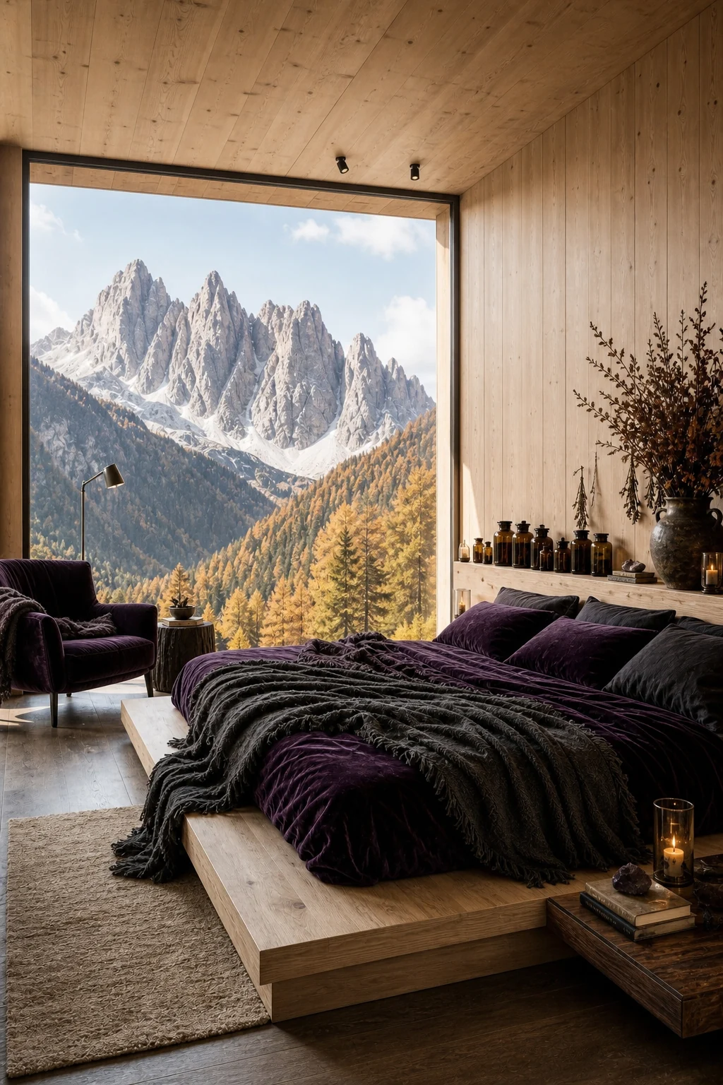 Wide architectural view of a minimalist bedroom with floor-to-ceiling un-mullioned windows, raw larch wood paneling, and a dark plum velvet chair in the corner.