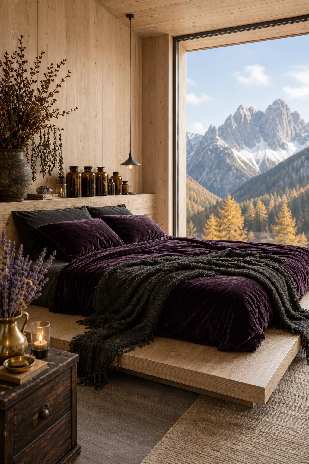 Close-up of a minimalist wooden platform bed dressed heavily in deep plum velvet and charcoal linen bedding.