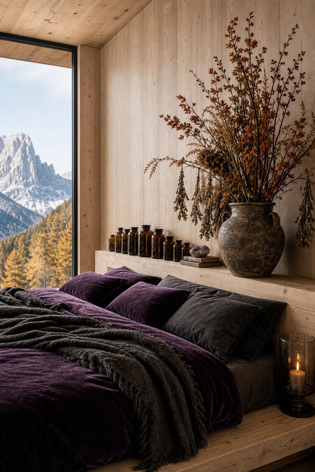 Medium shot of a sleek built-in raw larch wood ledge holding a massive, sculptural ceramic vase filled with dried autumn branches.