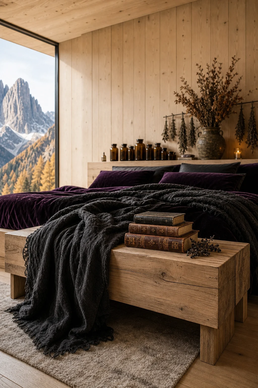 Seating vignette featuring a geometric wooden bench draped with a dark charcoal linen throw and a small stack of esoteric books.