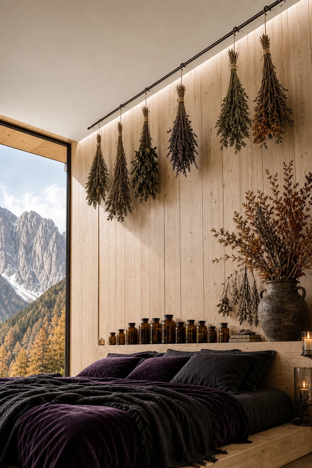 Low angle shot looking up at a crisp white ceiling meeting a larch wood wall, with dried botanical herbs hanging from a clean architectural track.