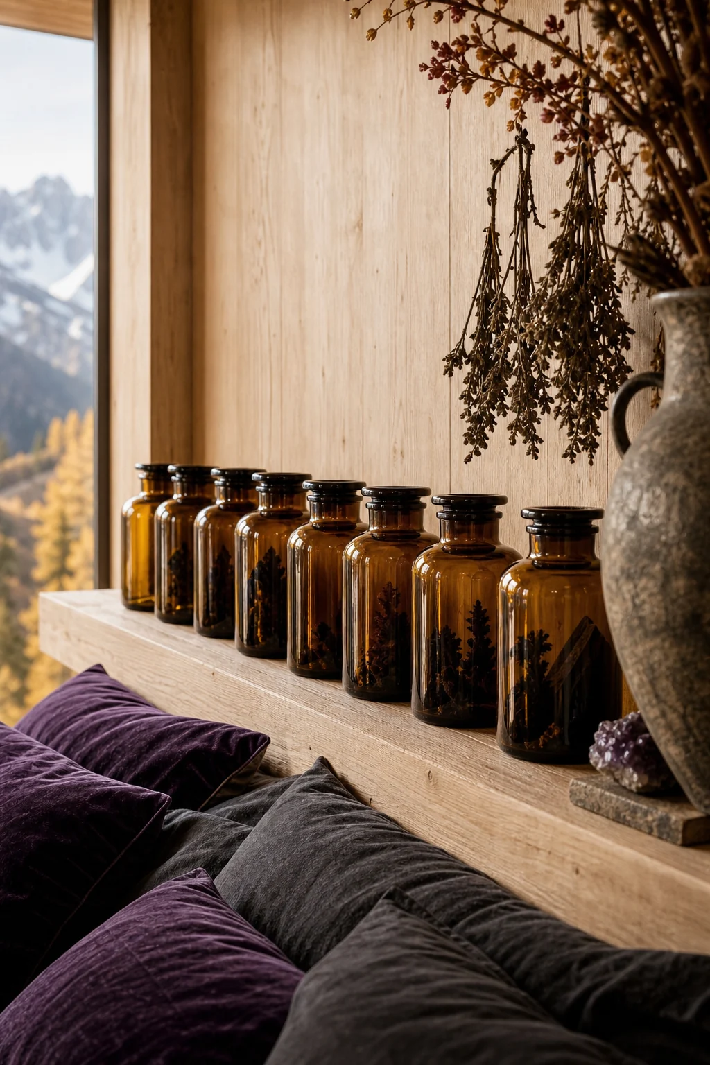 Macro detail of a sleek wooden ledge displaying a strict, linear arrangement of large amber glass apothecary jars.