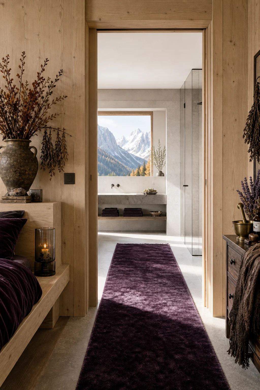 Threshold view looking from a larch wood bedroom into a minimalist en-suite, connected by a deep plum velvet runner rug.
