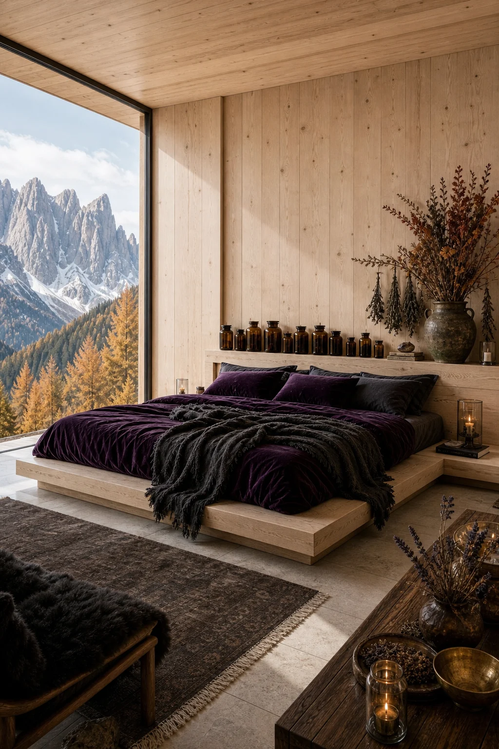 Full room view from the window looking inward, showing bright larch wood walls balancing a dark plum bed and an organized apothecary ledge.