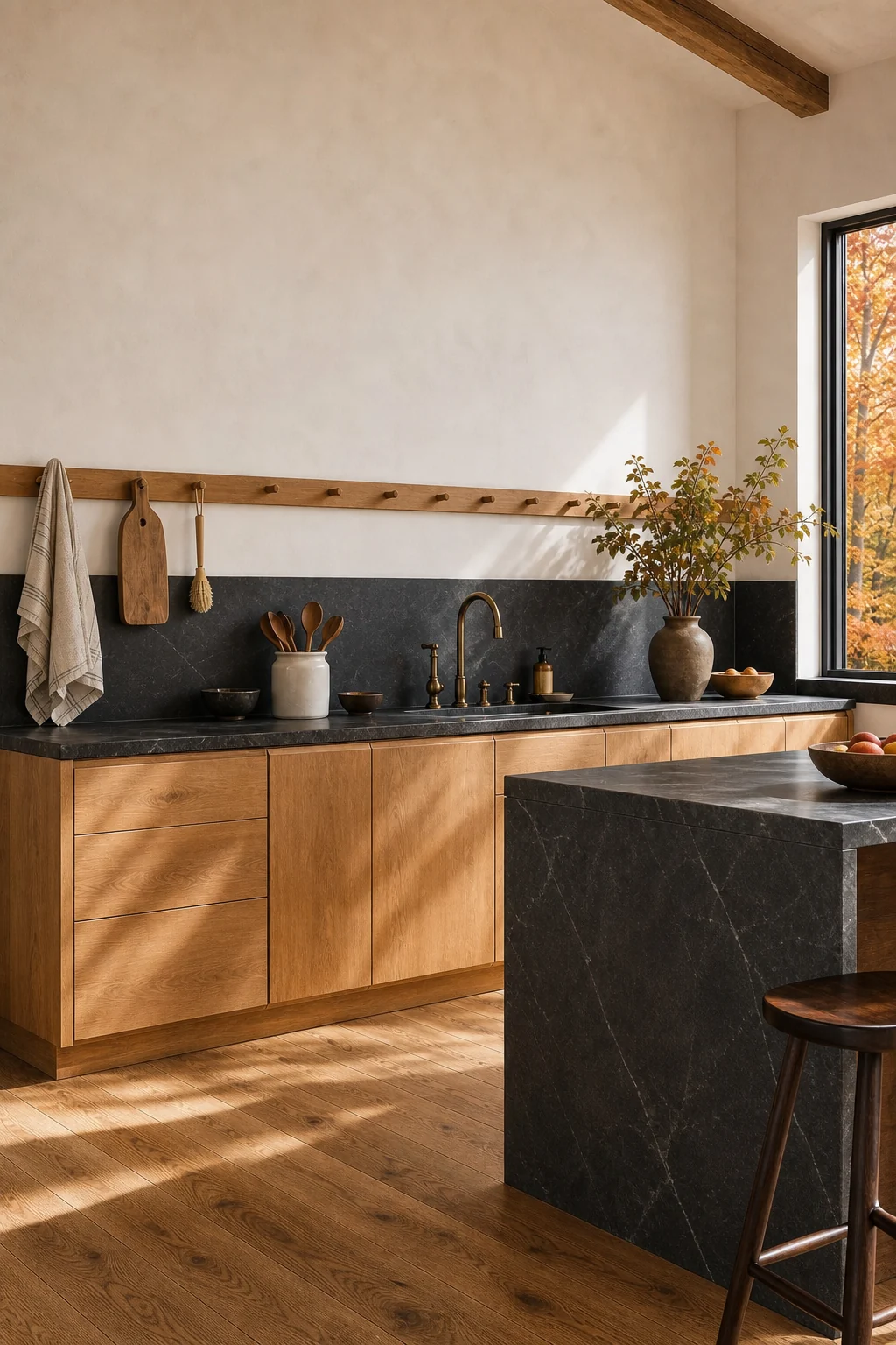 A continuous wooden Shaker peg rail mounted on a stark white plaster wall in a kitchen.