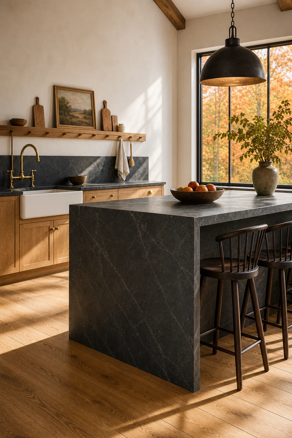 A monolithic charcoal-grey soapstone kitchen island paired with dark wood Windsor counter stools.