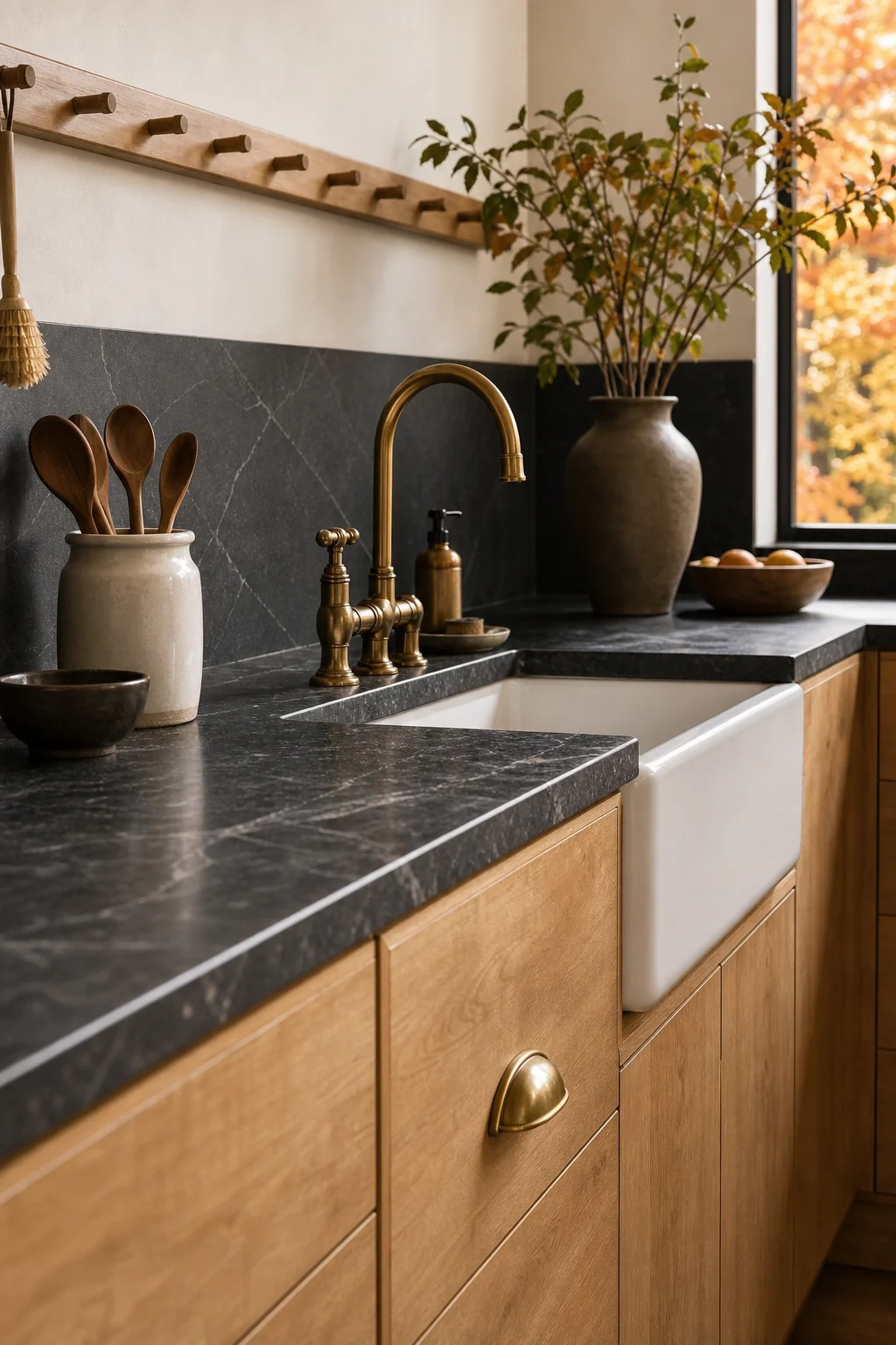 Close-up of flat-panel oiled maple base cabinets with an aged unlacquered brass faucet.