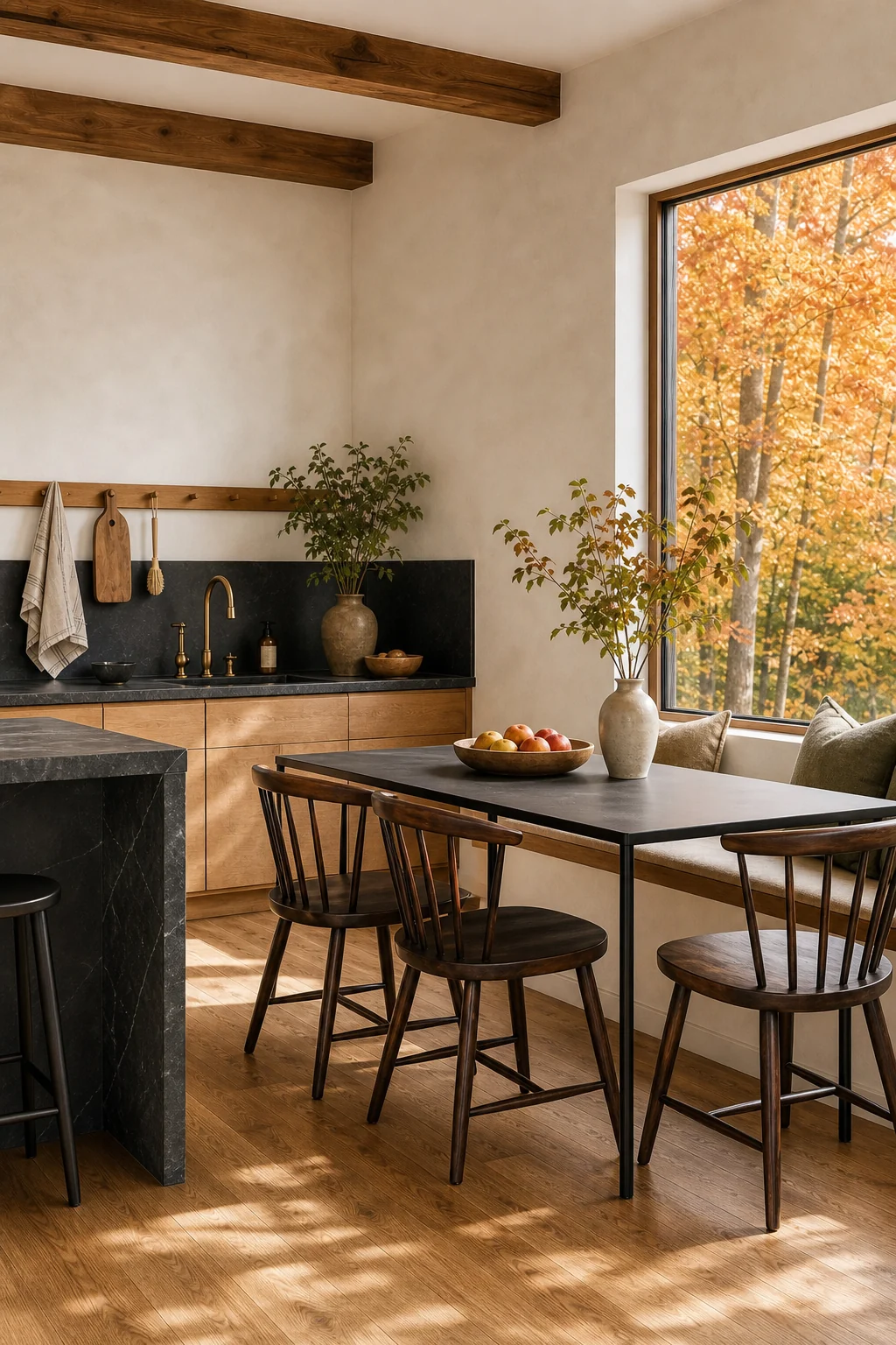 A razor-thin modern dining table surrounded by traditional spindle-back wooden chairs in a bright kitchen.
