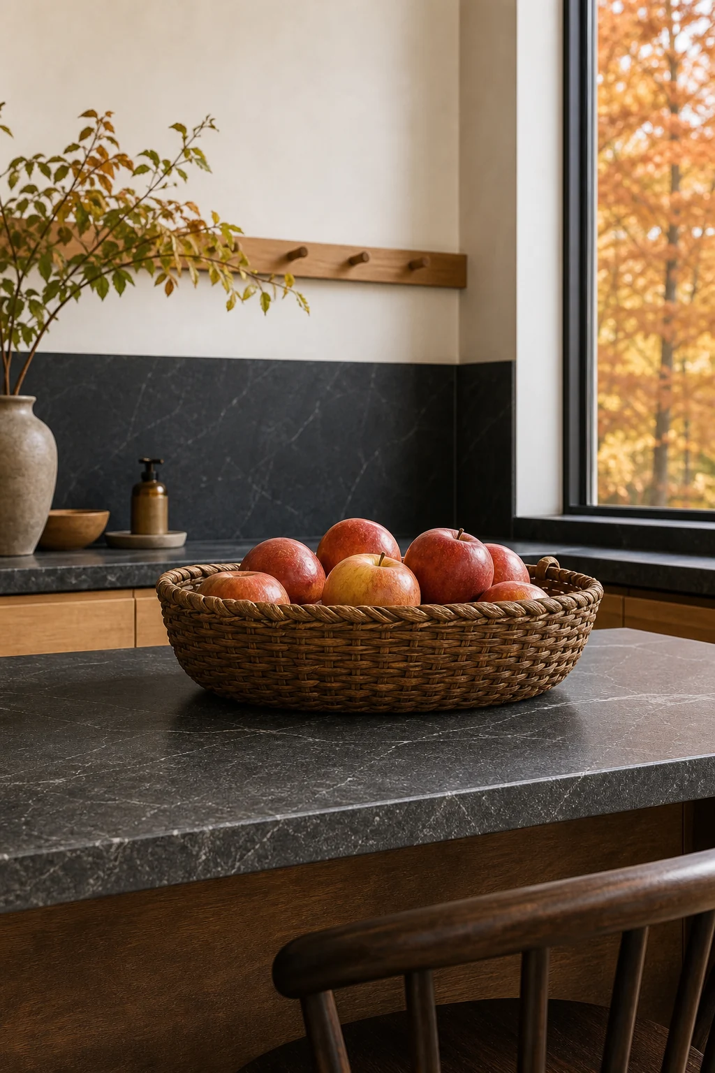 A vintage woven basket holding red apples resting on a bare charcoal-grey soapstone countertop.
