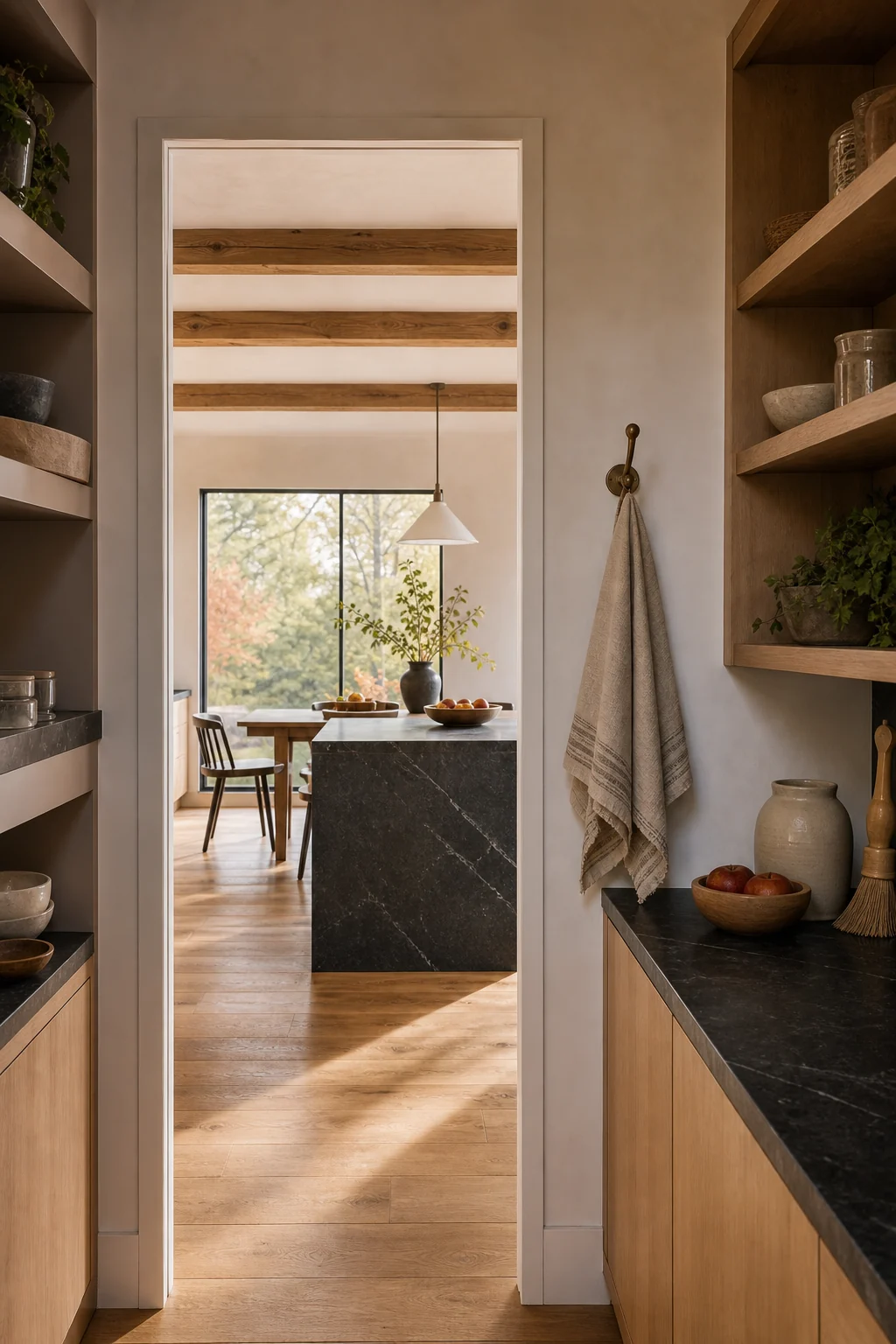 View into a pantry with flush, handle-less matte flat-panel doors and a single patinated brass hook.