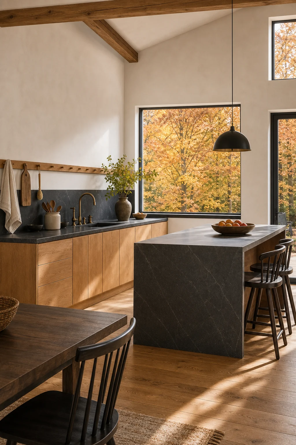 Expansive full-room view of a kitchen balancing heavy soapstone and maple materials with a void-driven architectural layout.