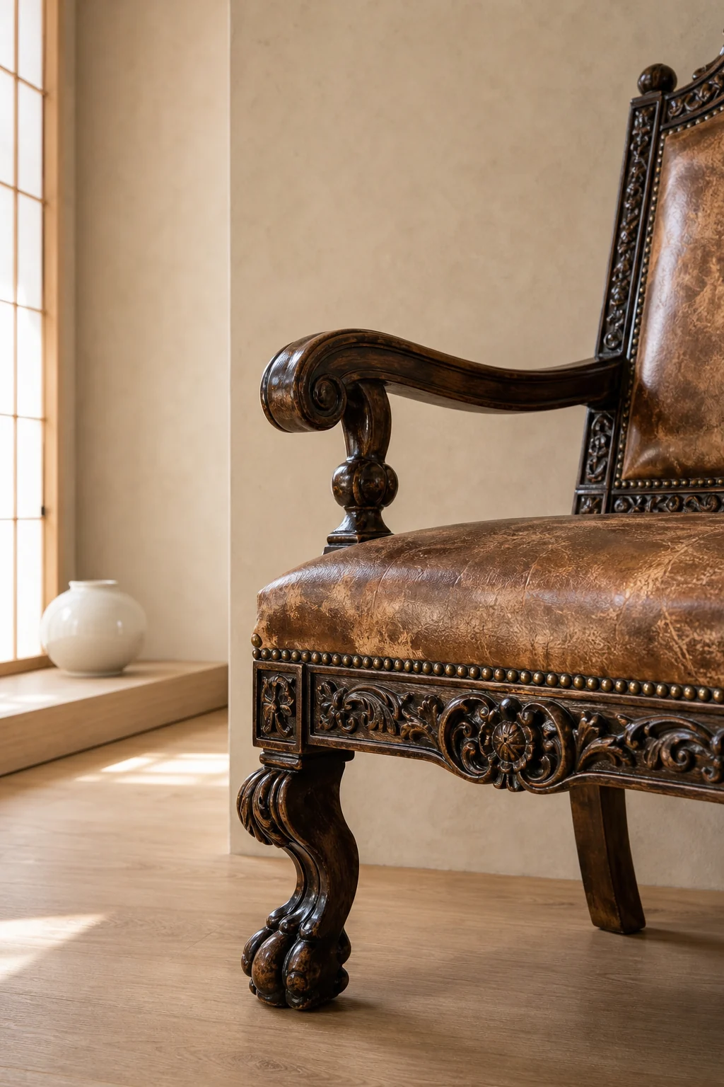 Low angle close-up of a heavily carved dark walnut antique armchair leg against a bare alabaster plaster wall.