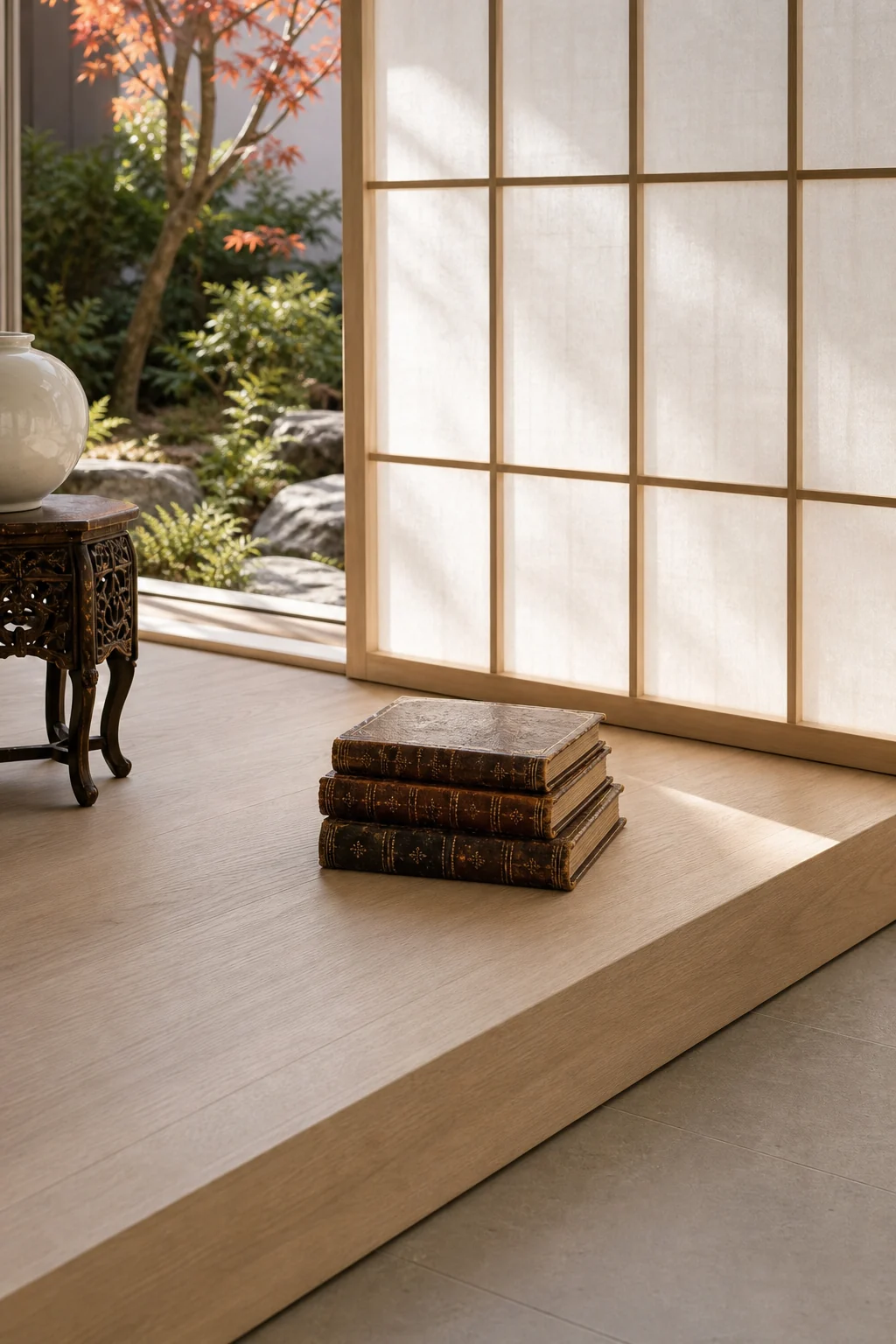 High angle medium shot of a pale oak platform edge, a hanji screen, and a small stack of antique leather books.