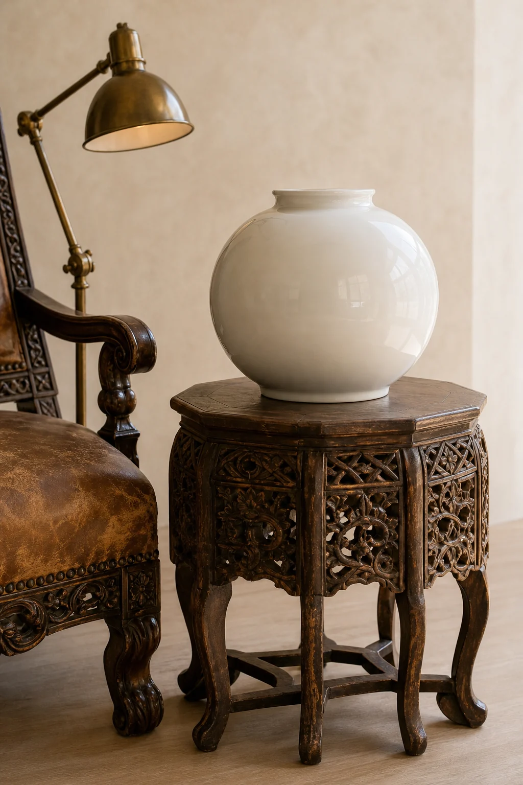 Eye-level detail shot of a smooth white moon jar resting on a heavily carved dark wood antique side table.
