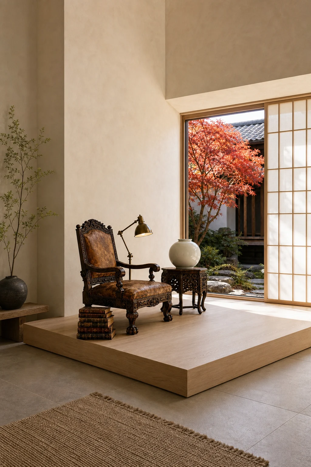 Wide eye-level shot of the full reading nook featuring an antique armchair, brass lamp, and minimal pale oak platform.