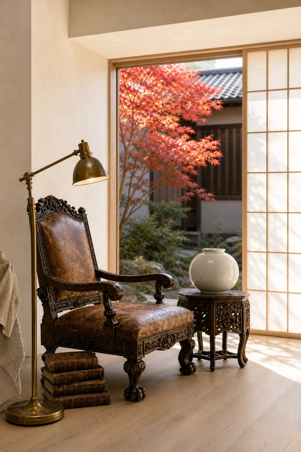 Medium shot looking toward a glowing hanji screen with a tarnished brass antique lamp silhouetted in the foreground.