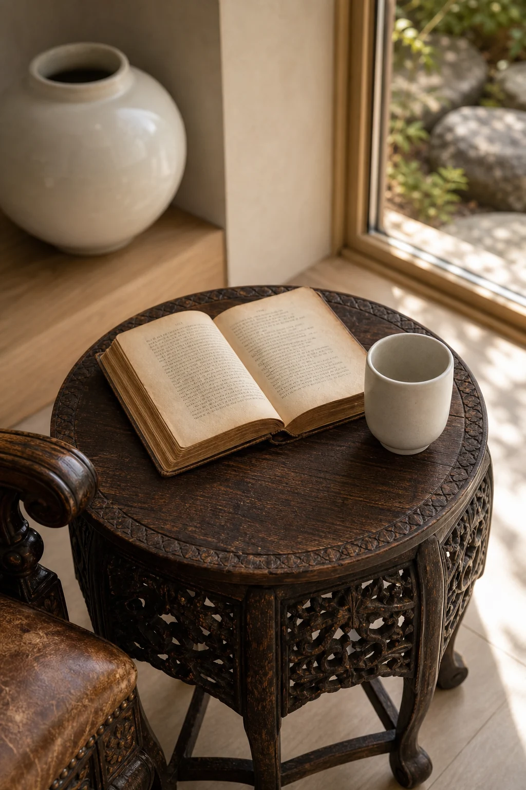 Top-down close-up of an antique side table holding an open leather book and a minimal white ceramic cup.