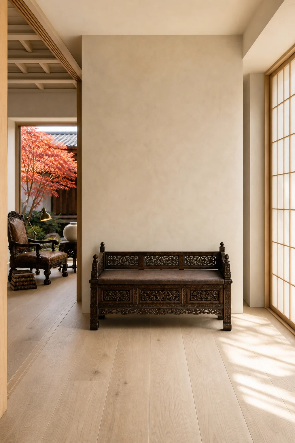 Medium wide shot looking down a minimal corridor with pale oak floors and a single antique carved wooden bench.