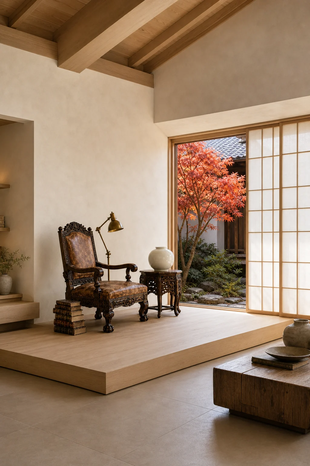 Very wide shot of the minimal room framing a red maple tree outside, with the antique chair in the foreground.