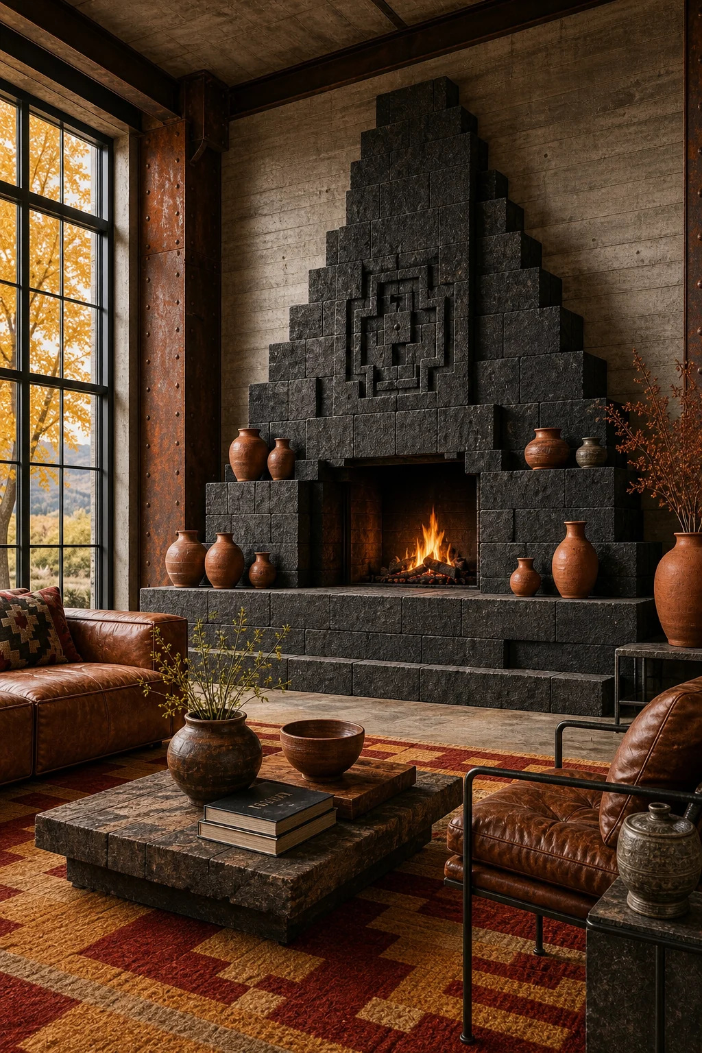Stepped volcanic basalt fireplace against a board-formed concrete wall.