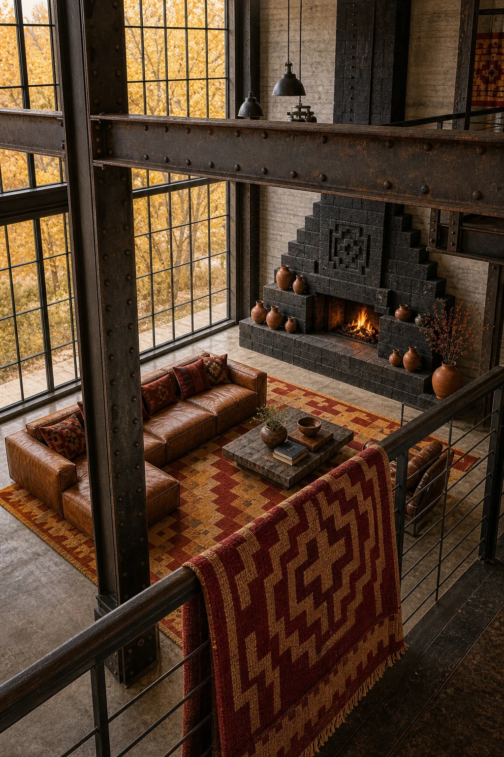 Exposed steel I-beams and black factory windows framing a red textile.