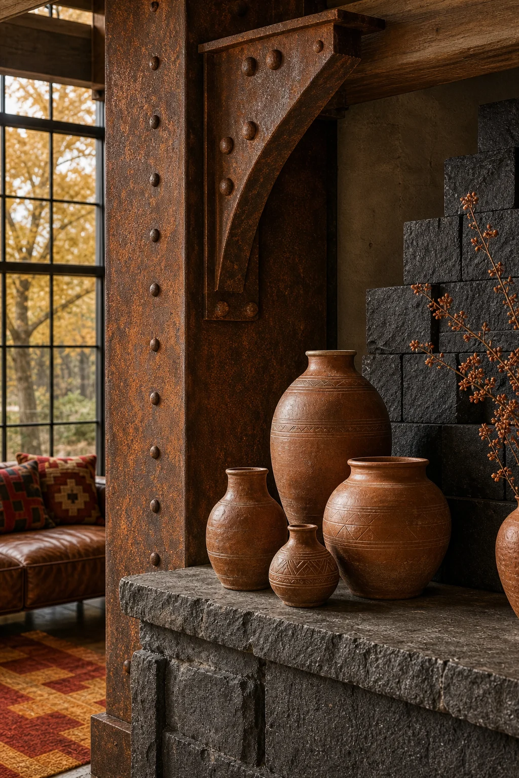 Close-up of rusted steel accents next to terracotta vessels.
