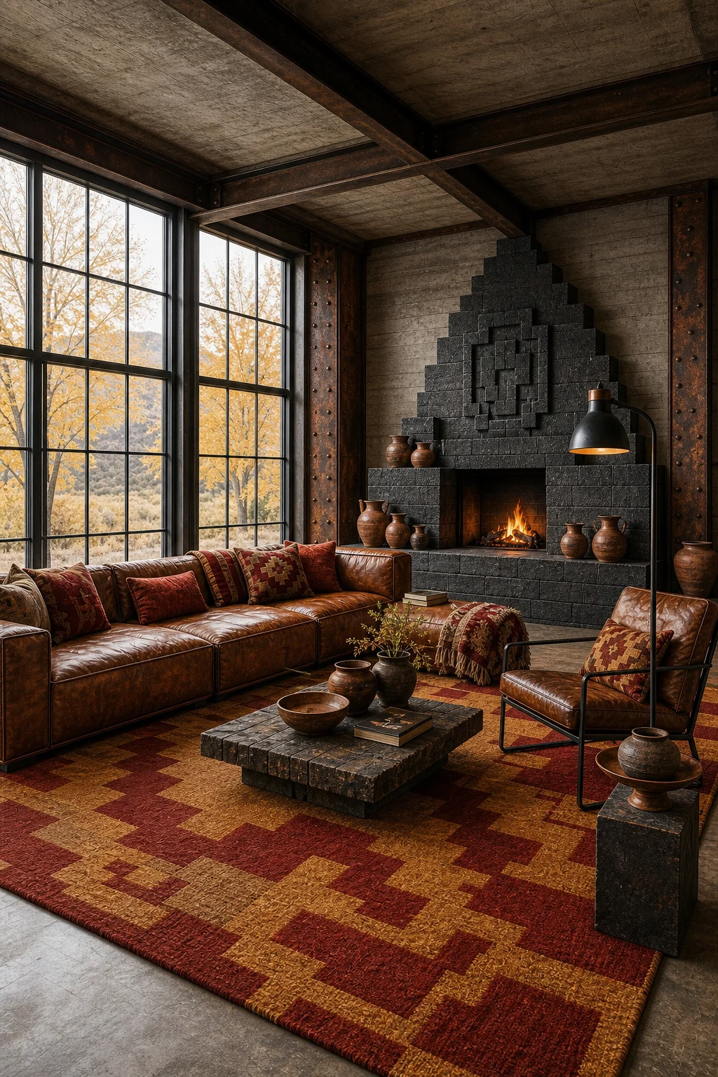 Distressed cognac leather sofa on a geometric red and ochre rug.