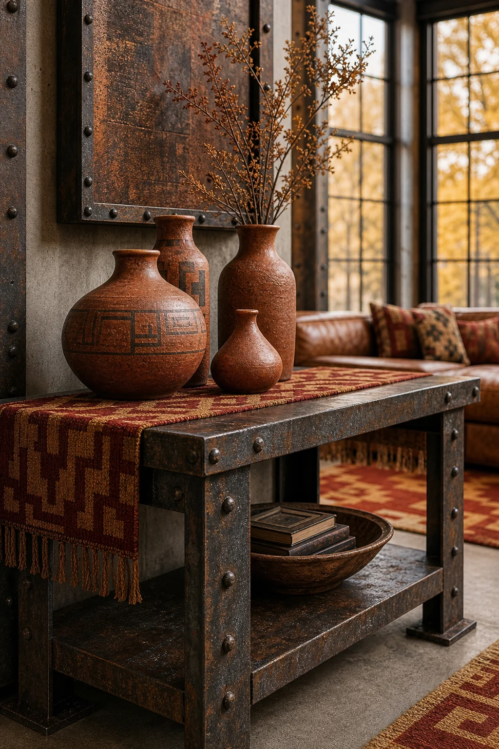 Raw steel console table styled with terracotta pots and a woven runner.