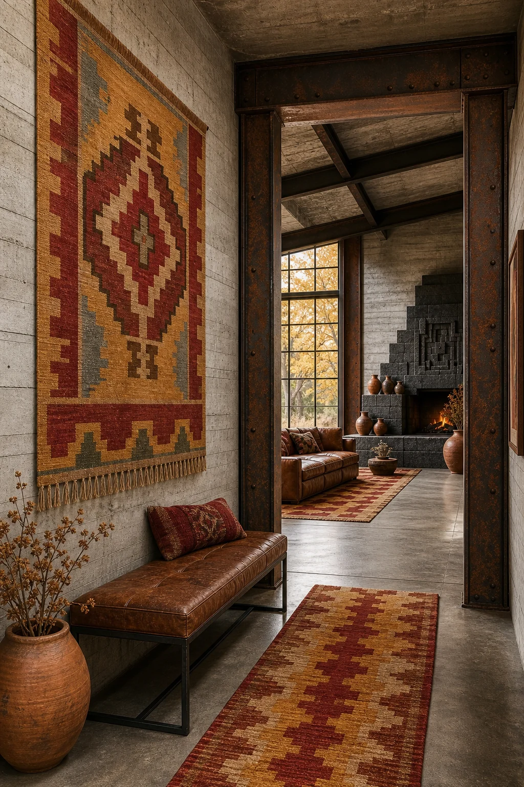Concrete hallway with a leather bench and Aztec wall hanging.
