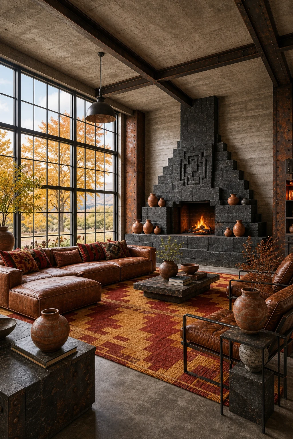 Wide view of the living room balancing concrete, steel, basalt, and textiles.