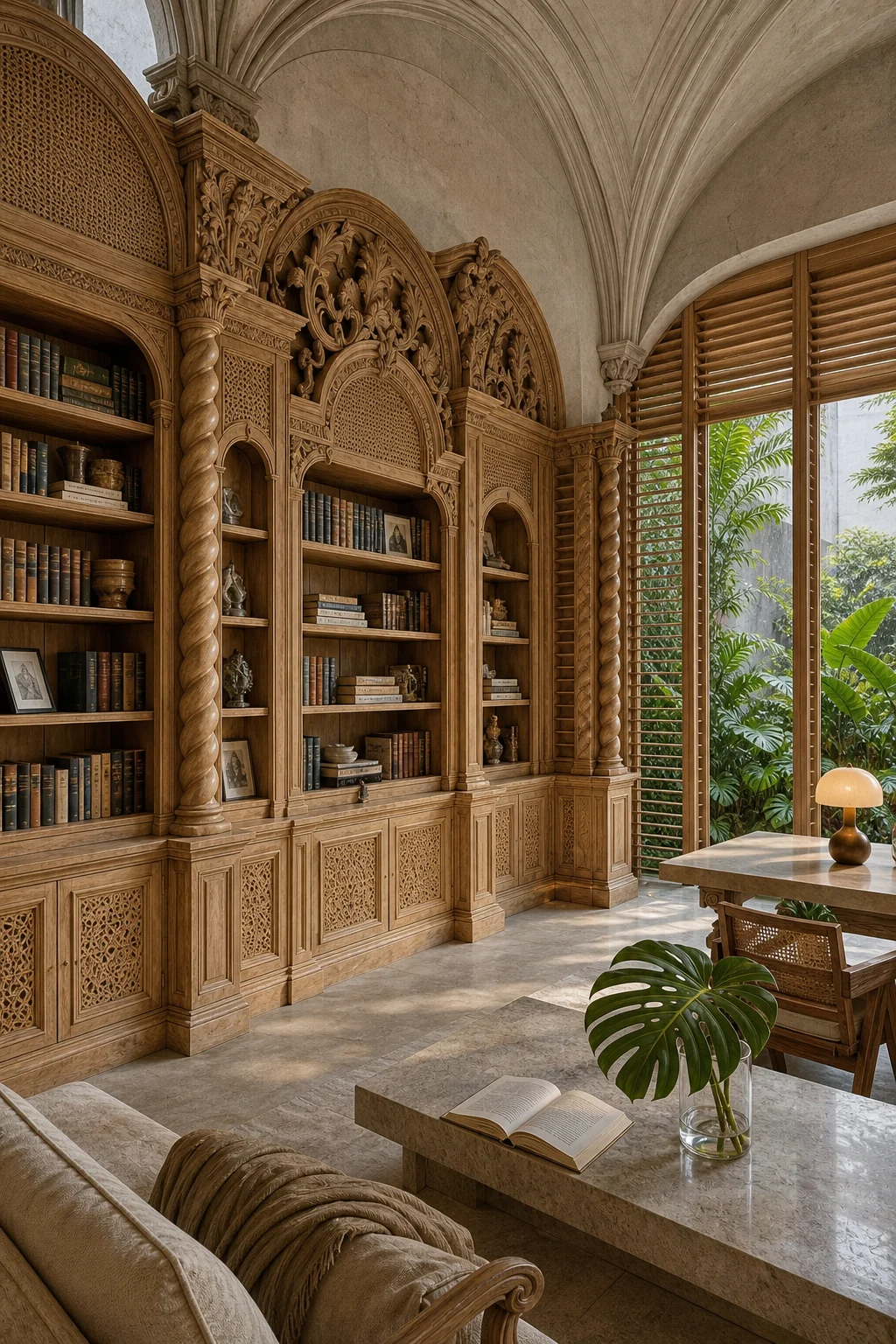 Medium shot of sweeping arched Baroque bookcases carved from raw unvarnished teak with Tropical Modern woven rattan backing.