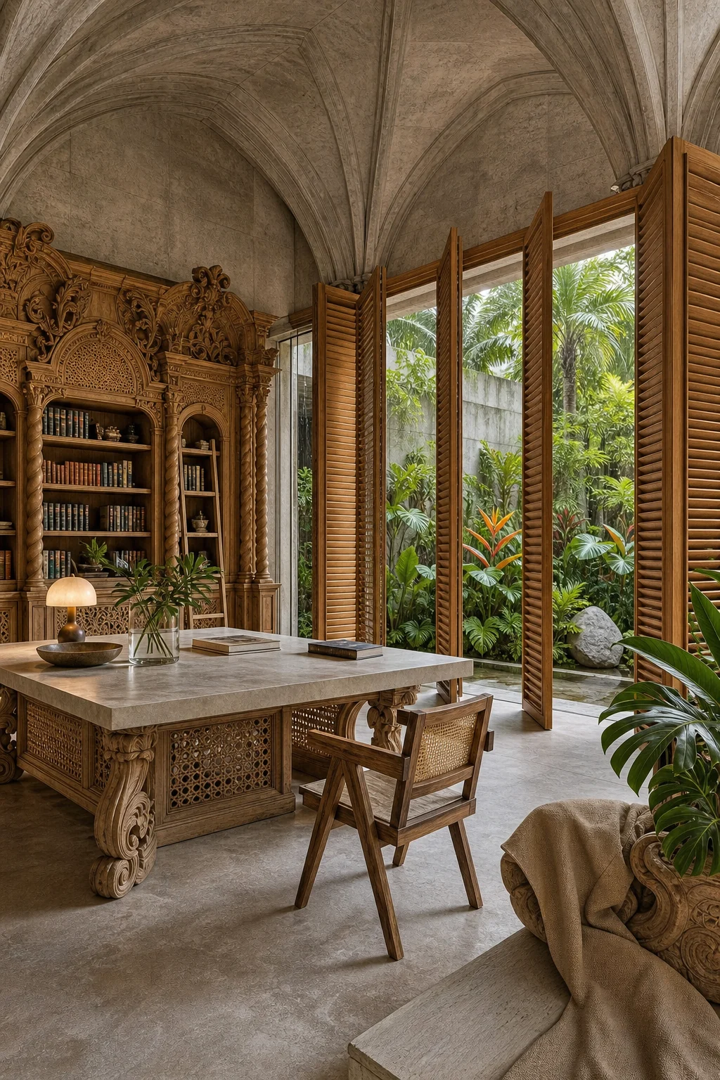 Wide shot looking toward an exterior wall made of massive floor-to-ceiling Tropical Modern pivoting teak louvers.
