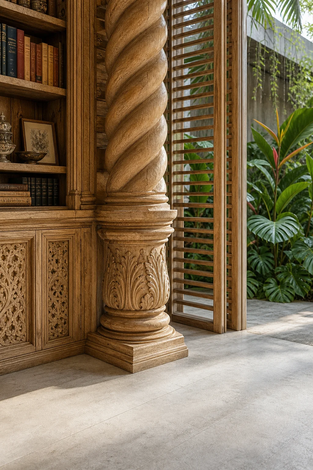 Close-up detail of the base of an ornate Baroque Solomonic twisted column carved from raw teak meeting a smooth concrete floor.
