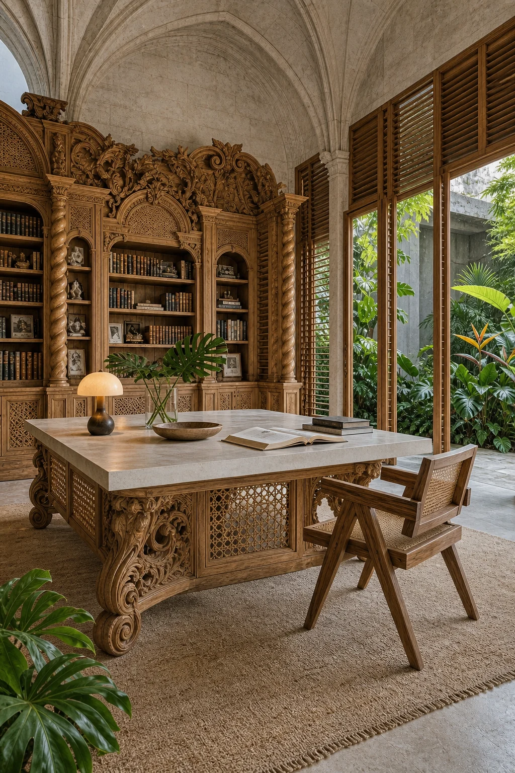 Medium functional vignette featuring a central reading table mixing a carved Baroque teak base with a sleek Tropical Modern limestone top.