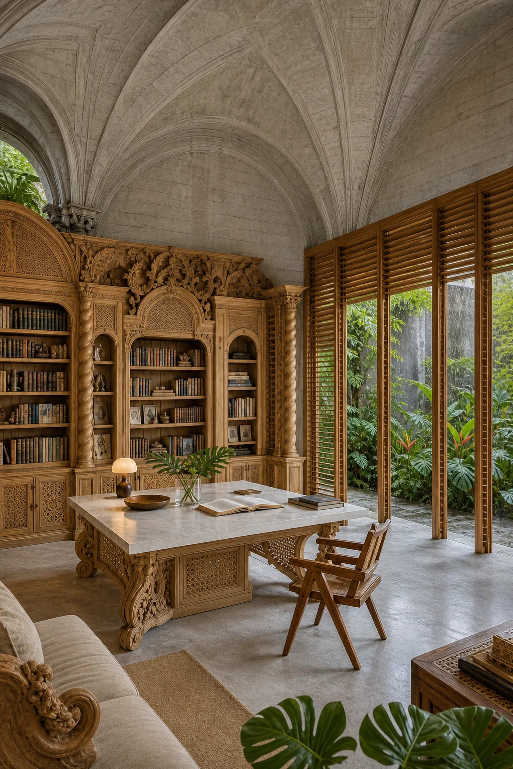 High-angle contextual view showing a grand Baroque vaulted dome ceiling executed in silvery Tropical Modern board-formed concrete.