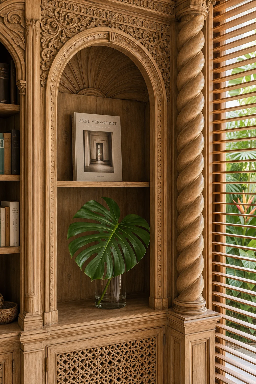 Close-up detail of a single arched Baroque shelf niche holding a curated art book and a structural green Monstera leaf.