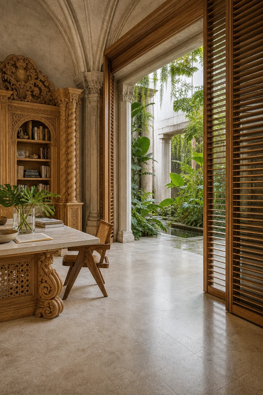 Contextual view of the threshold where the grand Baroque interior spatial progression meets a lush Tropical Modern courtyard.