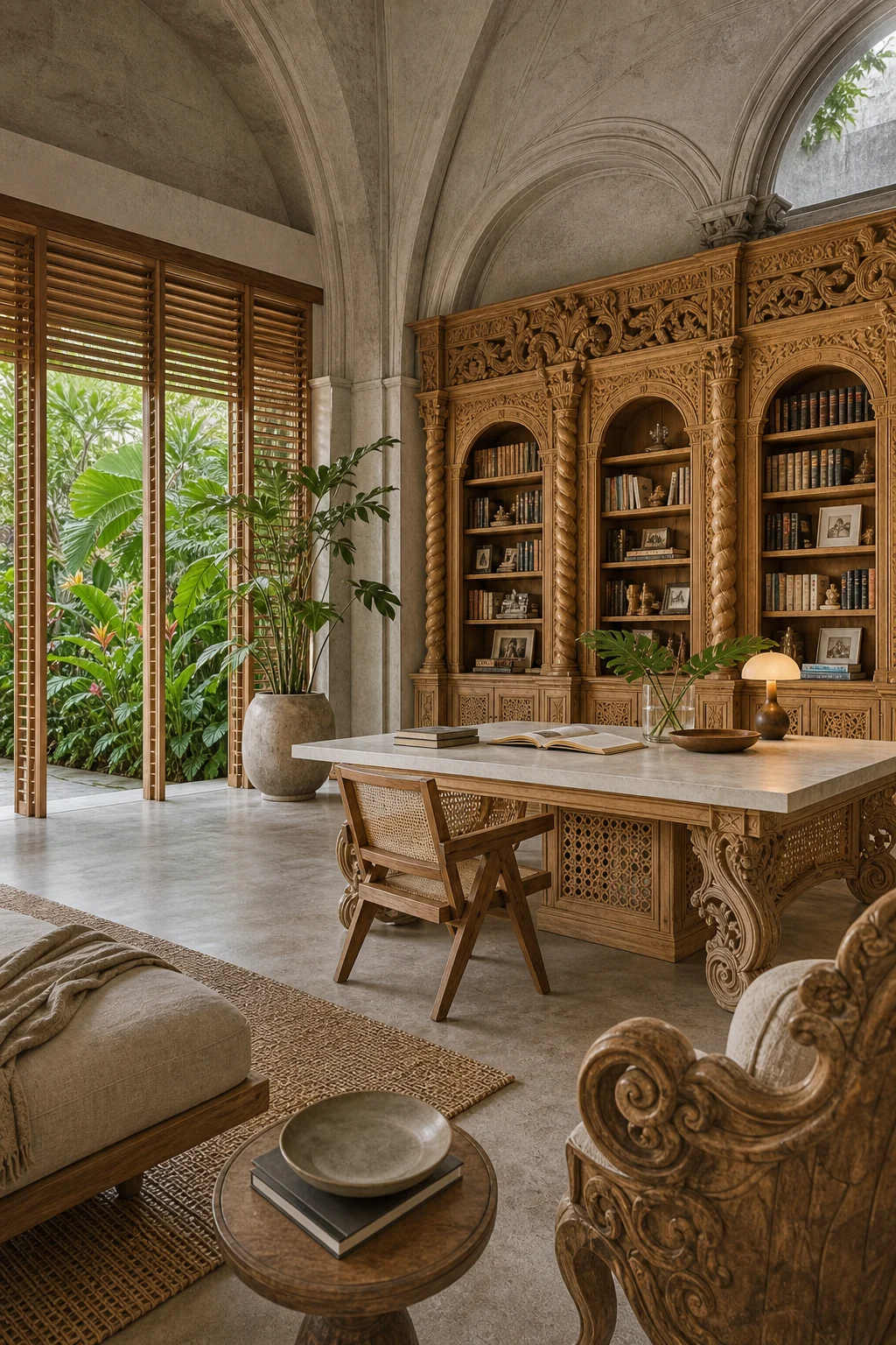 Generous full-room view from a low angle showcasing the balance of heavy Baroque architectural volumes built with Tropical Modern materials.