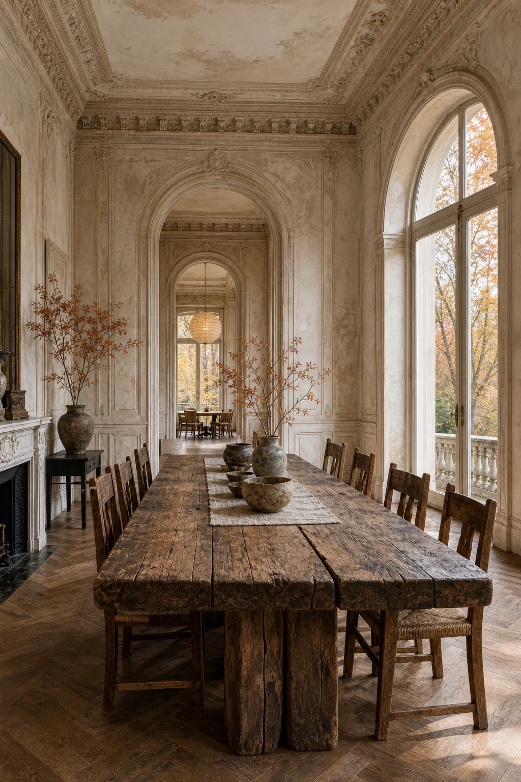 Wide shot of a dining room with grand arched windows and unpainted plaster classical moldings.
