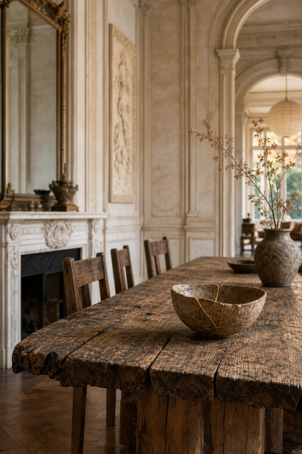 Medium shot of a massive rough-hewn timber dining table edge with a hand-pinched raku bowl.