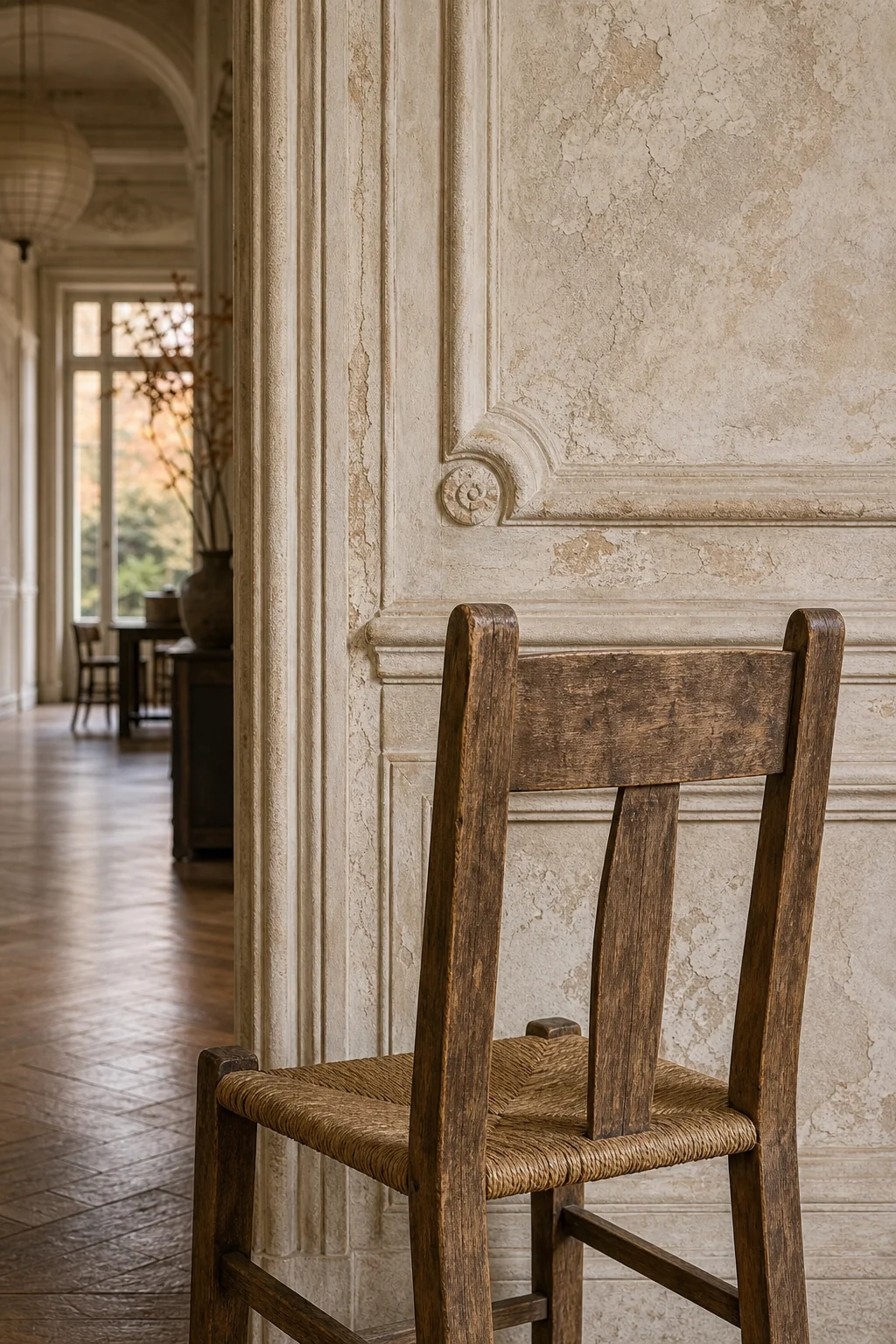 Detail shot of a weathered oak chair back against a chalky unpainted plaster wall molding.