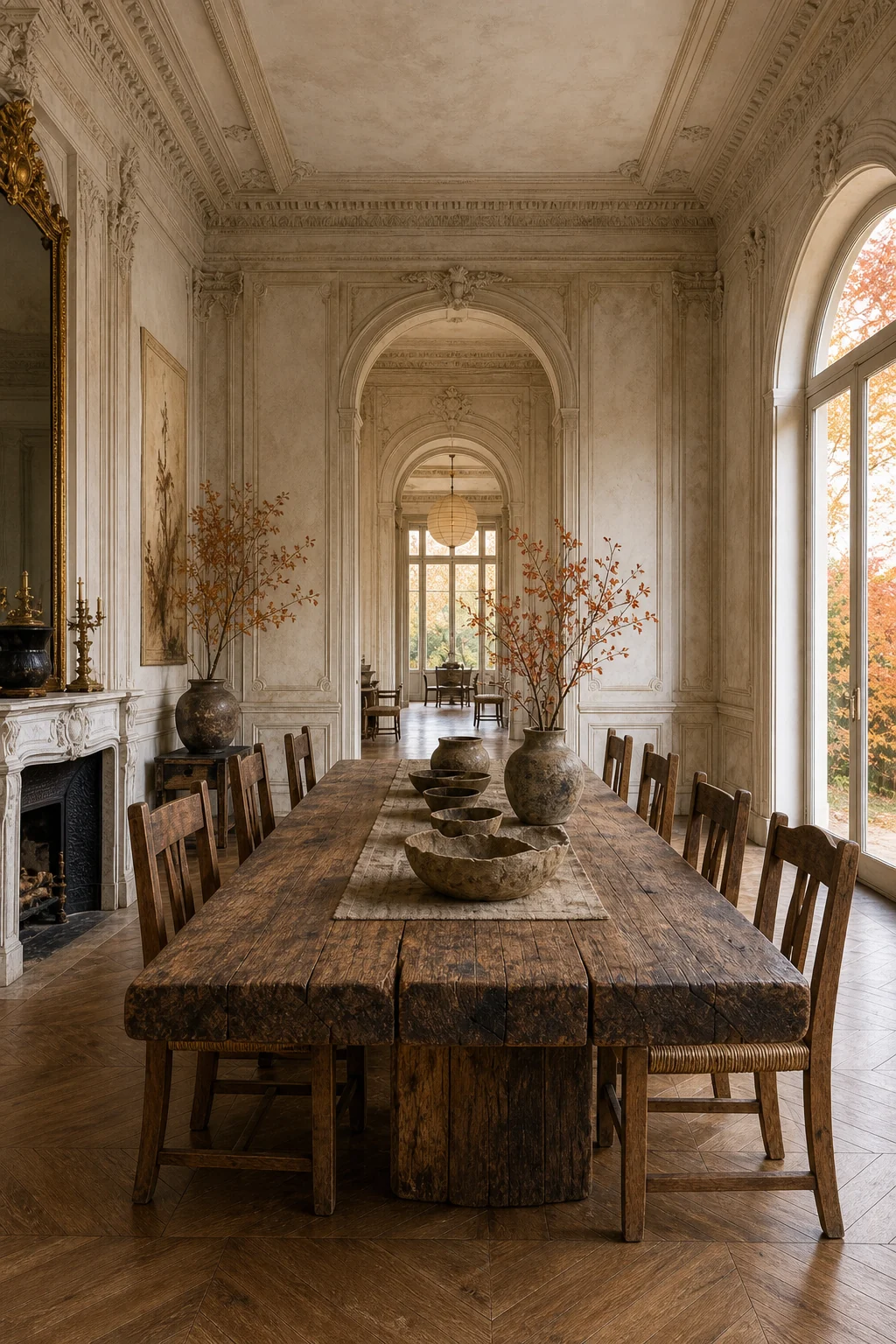Medium-wide shot of a rustic timber table and chairs in a grand classical enfilade layout.