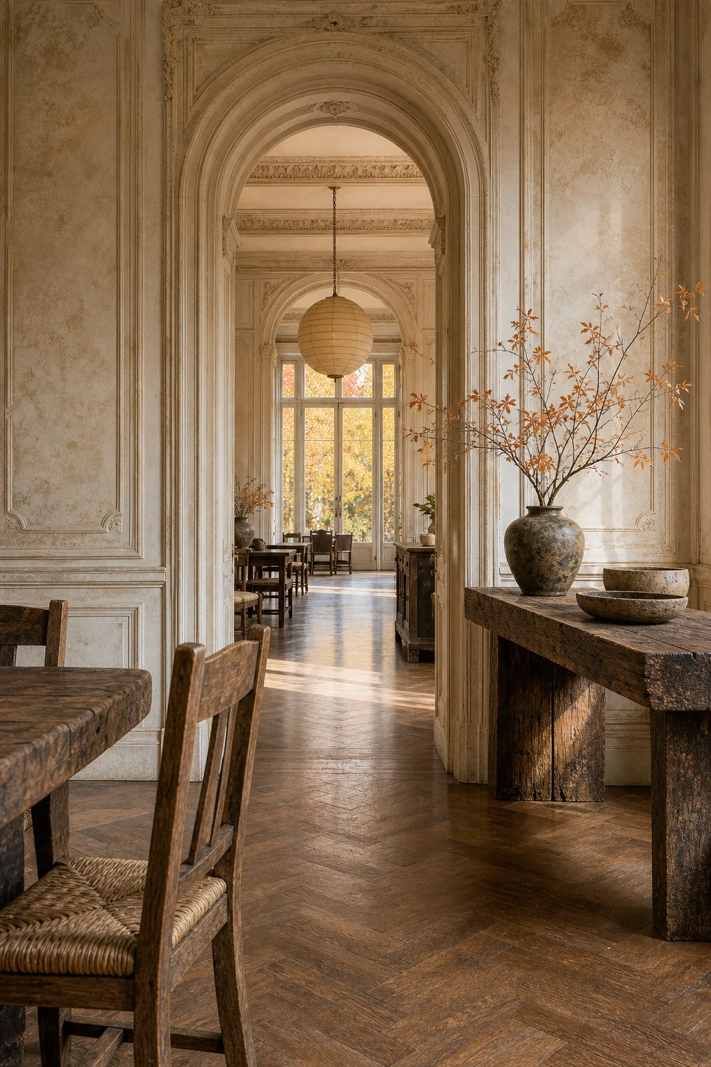 View through a classical arched doorway showing a weathered wood console table against raw plaster.