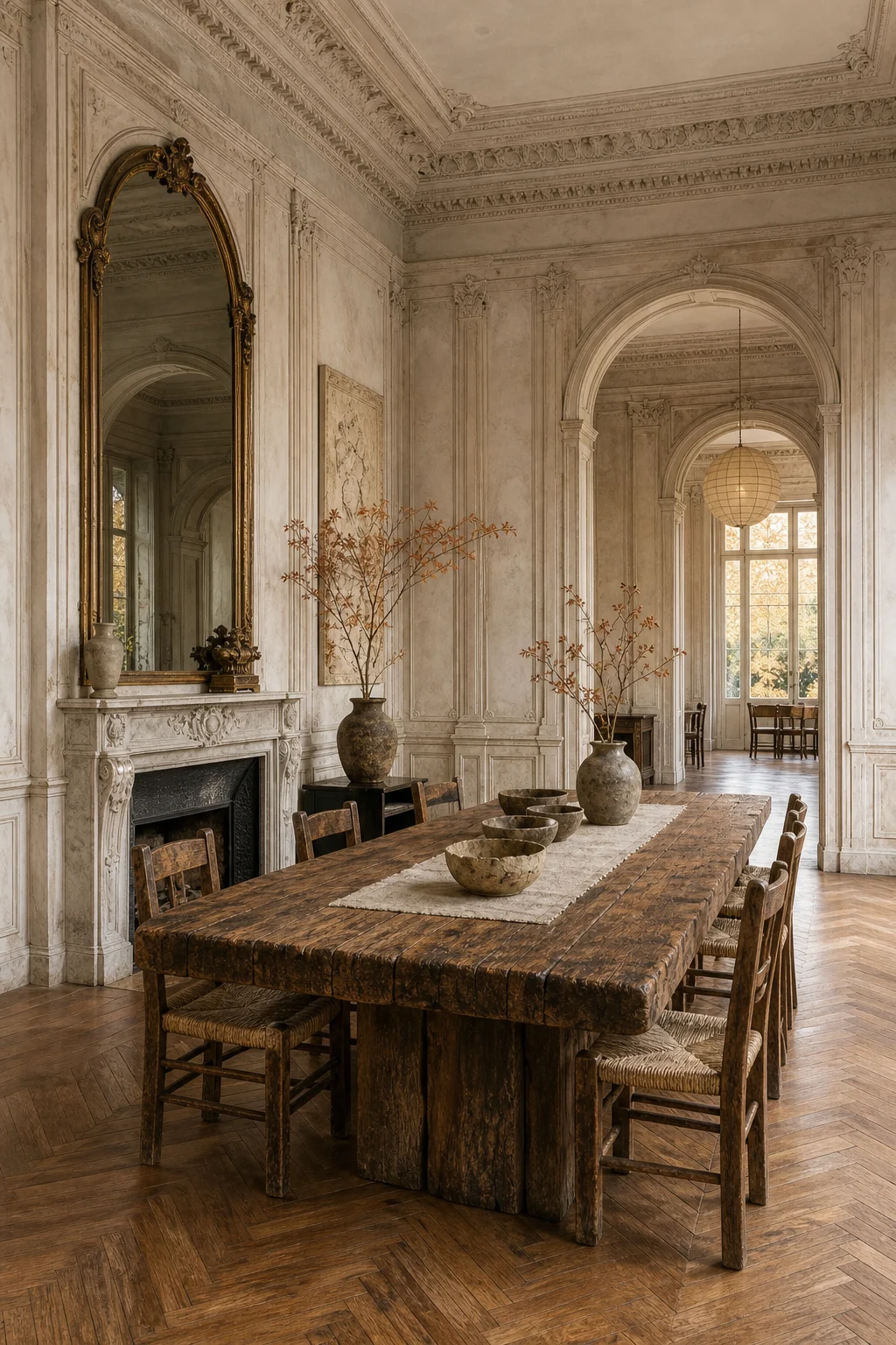 Full room view showing a classical fireplace mantel rendered in raw plaster with a rustic table.