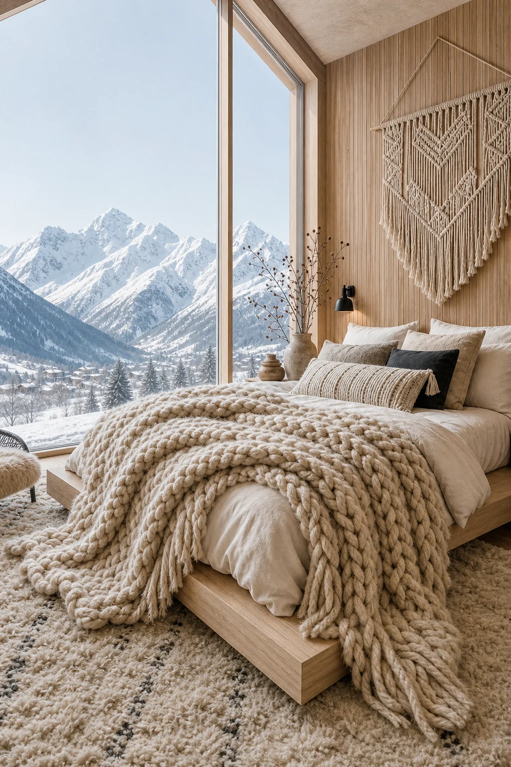 Close-up of an unbleached chunky knit wool throw draped over a pale oak platform bed.