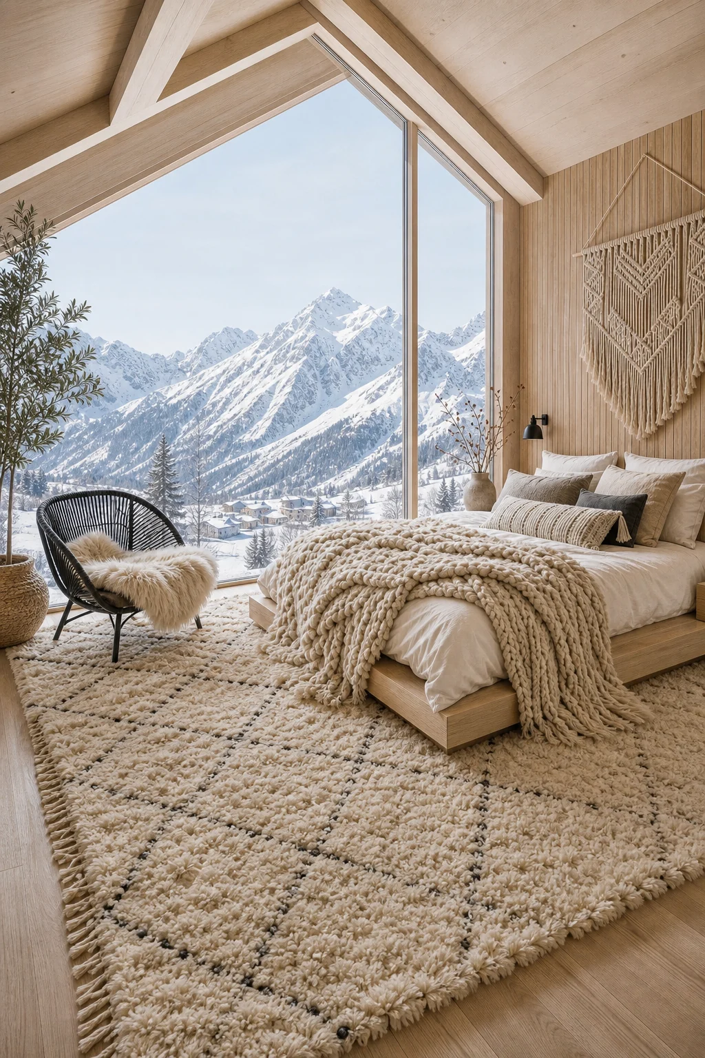 Wide view of a bedroom with floor-to-ceiling geometric windows, pale oak paneling, and a plush cream rug.