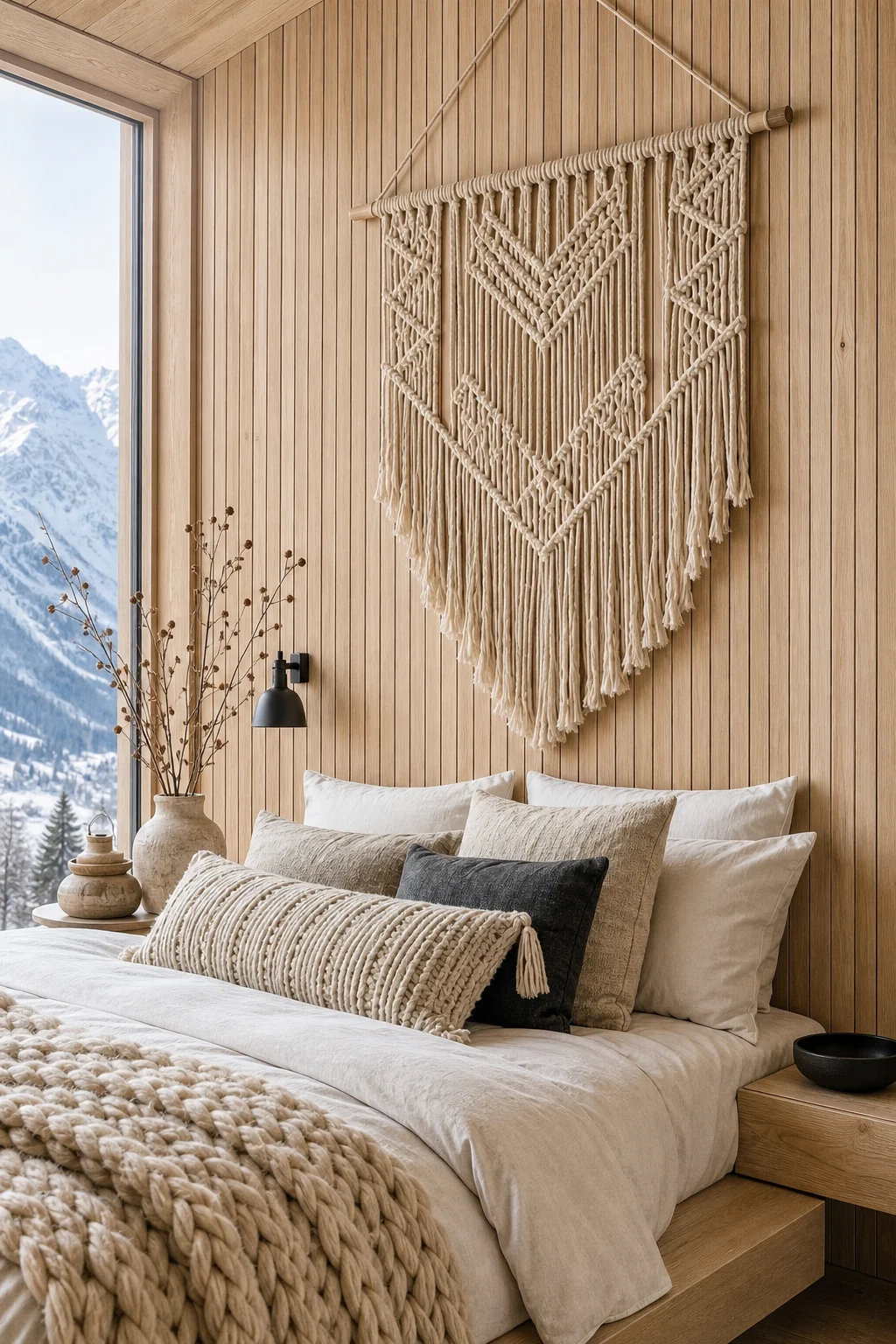 Detail of a large-scale cream macrame wall hanging mounted on seamless vertical pale ash wood slats.