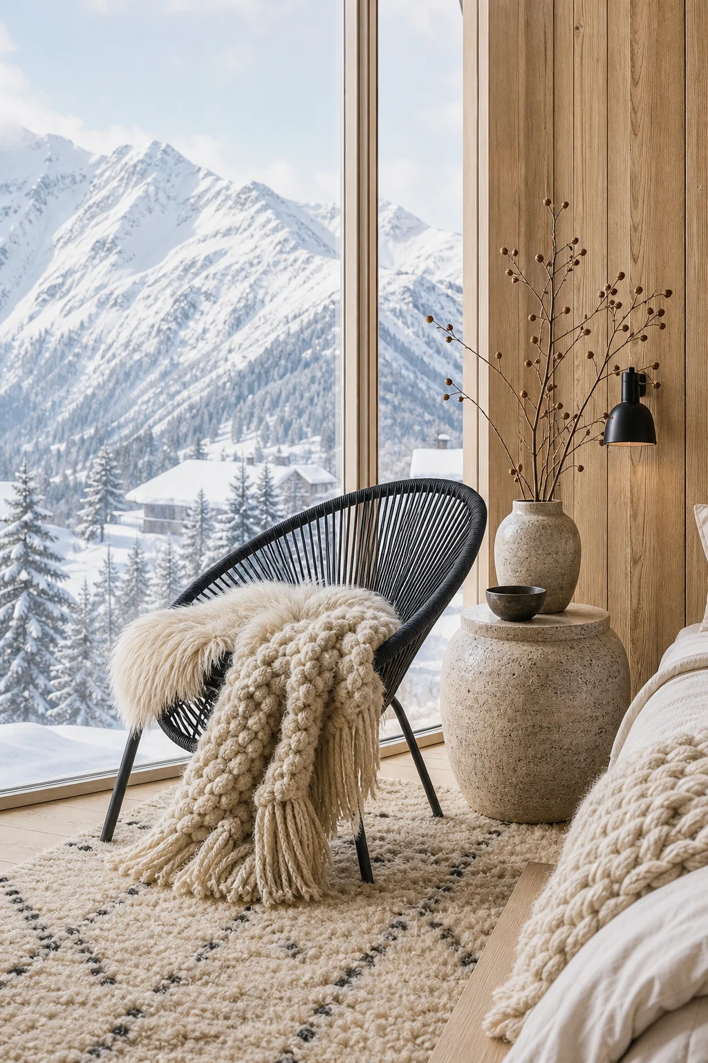 Corner seating area featuring a matte charcoal metal chair, a cream wool throw, and a ceramic side table.